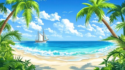 Tranquil tropical seascape illustration with sailboat under clear blue sky