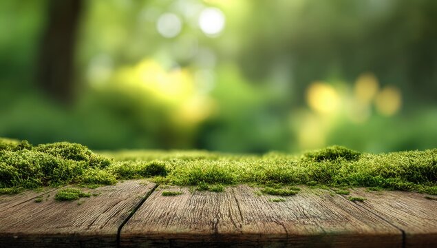 Moss-covered wooden planks in a sunlit forest backdrop