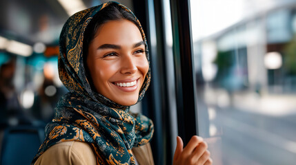 Young Muslim Woman Smiling While Entering Public Transport Bus Modest Attire with Hijab Details and Joyful Expression Urban Street Reflections on Windows and Commuter Seats