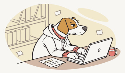 A dog sitting at a desk working on a laptop, realistic and comical photography."