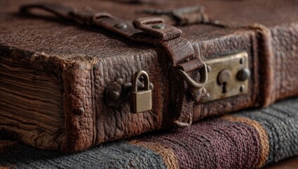 Close-up of a weathered leather-bound book, secured with a lock and strap.  Aged leather, brass lock, and intricate stitching are visible.  A portion of a colorful textile is seen in the background