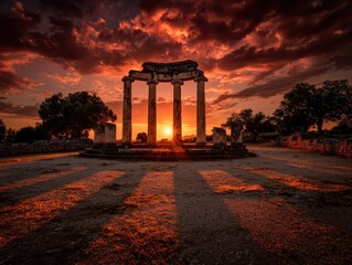 Naklejka premium A sunset over a cemetery with a large stone structure