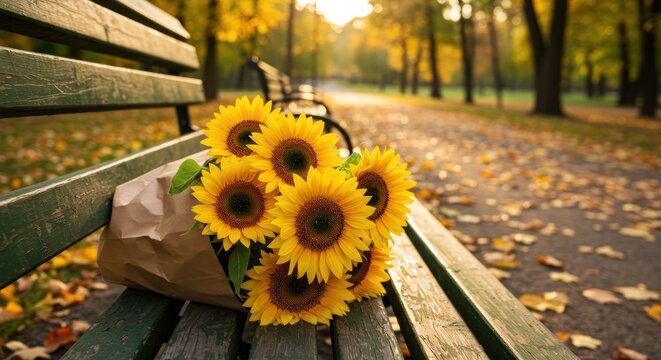 A sunny bouquet of golden sunflowers rests on a weathered bench in a park. Autumn leaves litter the path lined with trees - Powered by Adobe
