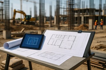Construction Plans & Tablet: A construction site bustles with activity, a tablet displaying blueprints and rolled-up plans, signifying progress and modern technology within the industry.