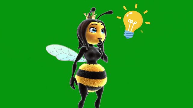 Beehive cartoon illustration of a thinking bee with a light bulb on green background