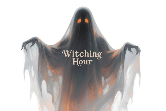 Spooky Ghost Illustration with Orange Eyes and Witching Hour Text on White Background