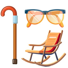 Walking stick glasses and wooden rocking chair for senior lifestyle vector illustration