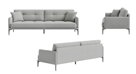 Three views of a light gray sofa with metal legs on transparent background