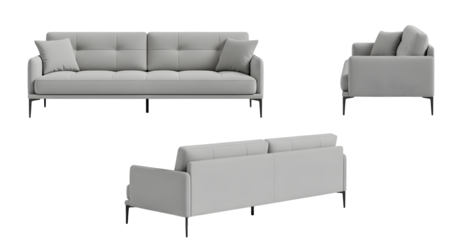 Three views of a light gray sofa with metal legs on transparent background