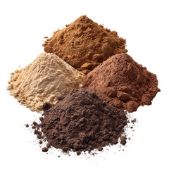 Photo of four piles of different colored powders isolated on transparent background