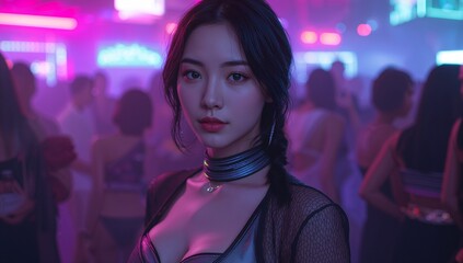 Woman in Neon-Lit Nightclub Scene