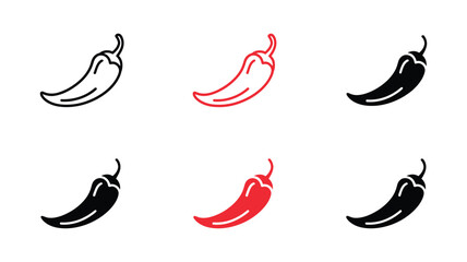 Spicy Chili Pepper Icons:  Black, Red Line Art and Solid Variations for Food,  Restaurant, and Mexican Cuisine Branding.