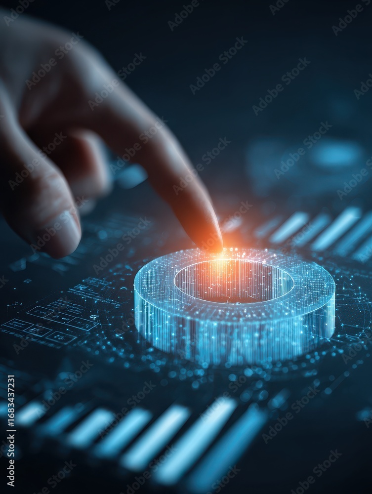 Poster hand pointing at holographic charts with glowing pie graph and rising bar graph futuristic finance d