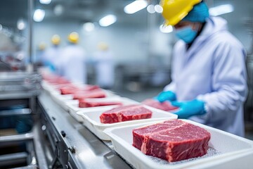 Worker in protective gear inspecting meat on a conveyor belt in a food processing plant.