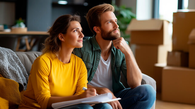 Couple Planning While Relaxing on Sofa During Move to New Home Notebooks and Blueprints in Hand with Thoughtful Expressions Amid Scattered Boxes Cozy Furniture and Soft Throw