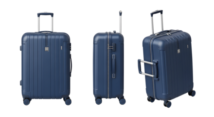 Three views of a blue hard-shell suitcase with retractable handle on transparent background