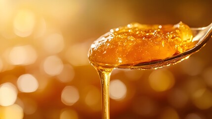 Golden honey drips from a spoon in a sunlit close-up, showcasing its thick, viscous texture and inviting sweetness for breakfast or healthy cooking ideas.
