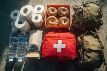 Emergency survival kit with food, water, and first aid supplies.