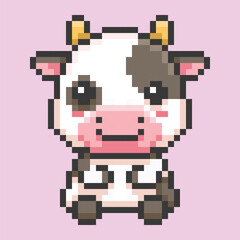 Adorable kawaii cow character in a retro pixel art style. This cute 8-bit farm animal features big eyes, a friendly smile, and a spotted coat, perfect mascot or character sprite