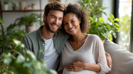 Happy Pregnant Interracial Couple Embracing at Home Warm Hugs and Diverse Skin Tones in Cozy Living Space with Soft Pillows and Indoor Plants Gentle Belly Caress and Loving Gazes