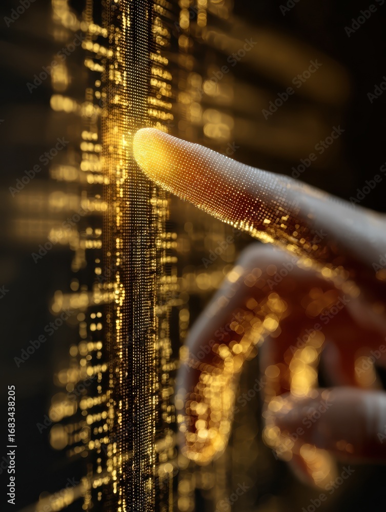 Poster finger touching glowing golden digital data visualization with financial code and futuristic interfa
