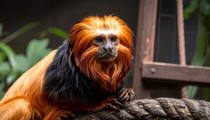 A close-up portrait of a golden lion tamarin, showcasing its vibrant orange fur and intelligent gaze.
