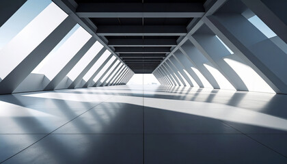 Obraz premium Modern architectural corridor with geometric shadows and bright natural light creating calm and spacious atmosphere