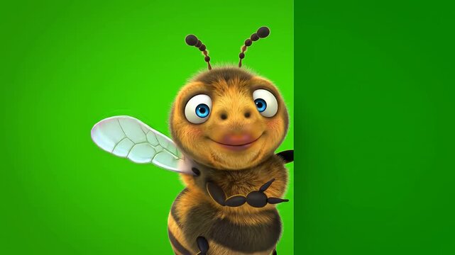 A cheerful cartoon beehive character peeking from behind a green wall in a playful high angle shot conveying happiness and suitable for children's books illustrations website