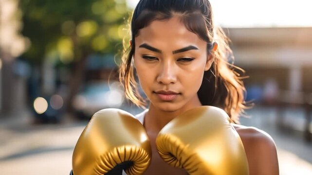 Confident Female Boxer with Gold Gloves Ready to Fight on City Street with Portrait.