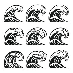 Collection of nine stylized black and white wave illustrations with varying designs and line thickness