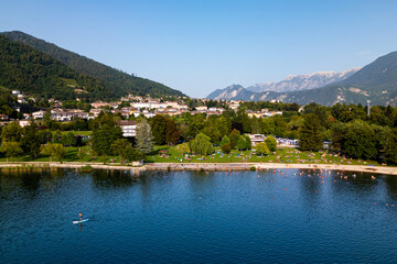 aerial view of the lake of Levico and Caldonazzo in the dolomite mountains in the italian alps. concept of mountain tourism