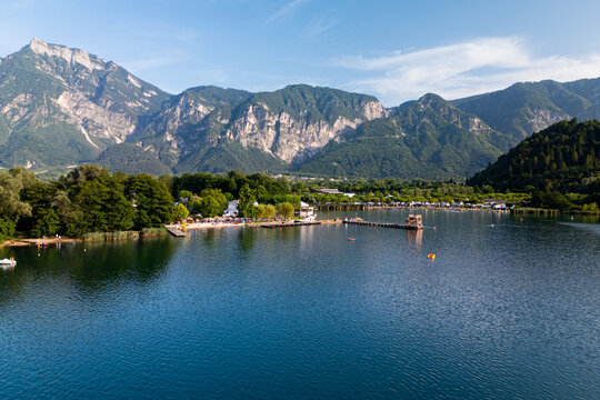 aerial view of the lake of Levico and Caldonazzo in the dolomite mountains in the italian alps. concept of mountain tourism