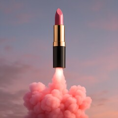 A sleek lipstick tube blasts off like a polished rocket, leaving soft pink smoke trails behind &mdash; a playful, aspirational fusion of beauty and ambition