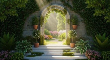 Fototapeta premium Enchanting Garden Gateway Bathed in Sunlight