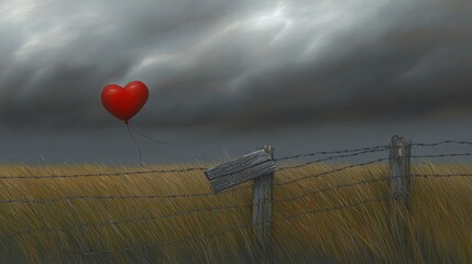 Ephemeral Affection: Red Heart Balloon Adrift Against a Barbed Horizon in a Grey Sky