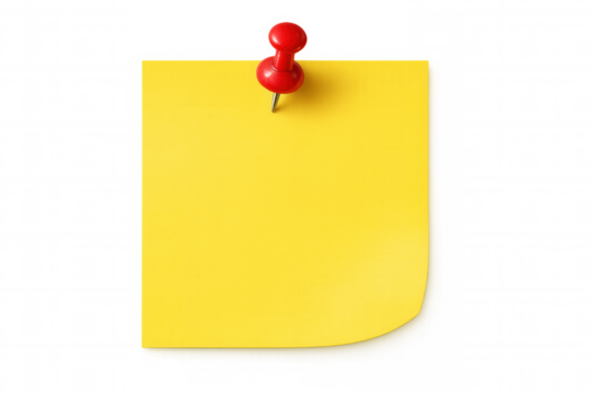 Yellow sticky note pinned by red push pin against transparent backdrop, highlighting communication, organization, and memo-taking essentials