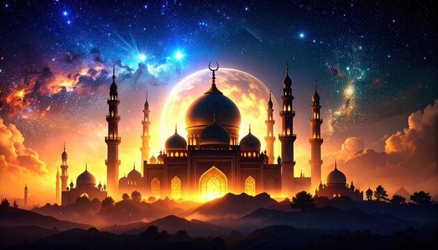 Mosque silhouette against a cosmic sky with a crescent moon and starry night - Powered by Adobe