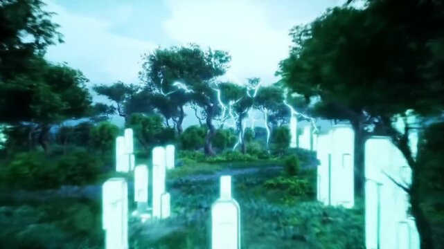 Dynamic blue energy arcs through a lush forest, suggesting powerful natural forces and mystical events unfolding.