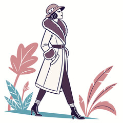 Elegant woman with stylish coat strolling confidently in modern illustration, art deco fashion icon