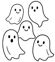 Halloween ghosts with cute smile. Vector ghosts on transparent background.