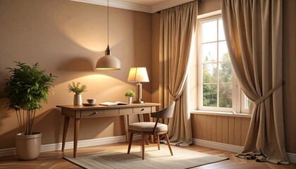 Home Office Desk with Window and Green Plant in Neutral Tones