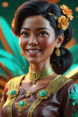 Woman in Traditional Attire with Flowers and Jewelry