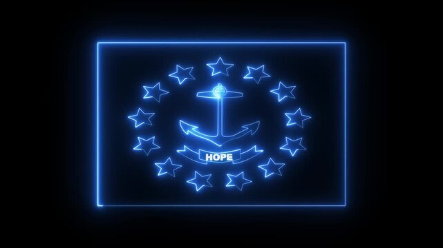 glowing neon Rhode Island flag, USA States South Rhode Island flag icon animation on black background. Neon Rhode Island flag in trendy stylish colors. 4K Video motion graphic animation.