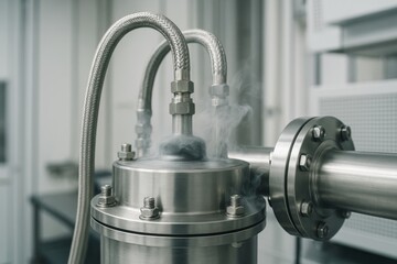 Cryogenic stainless steel valve system with vapor and braided hoses on blurred lab background, concept of high-tech engineering