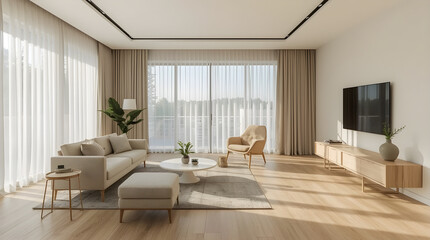 Bright Scandinavian Living Room Interior with Minimalist Furniture and Natural Light