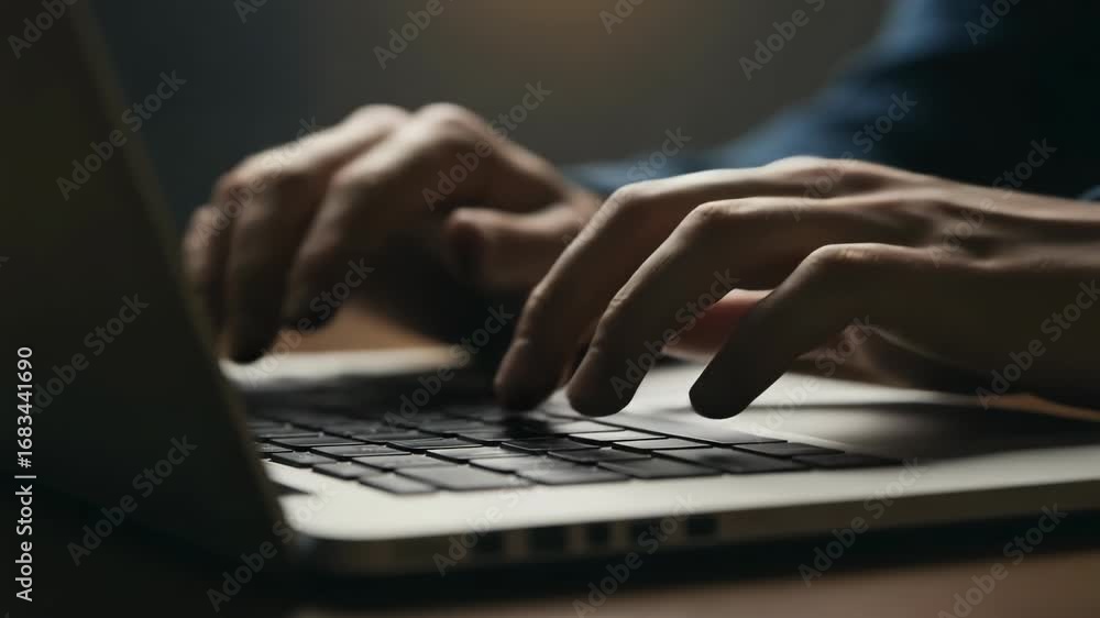 Poster closeup of hands typing on a laptop keyboard in a dimly lit room, focusing on the act of working or 