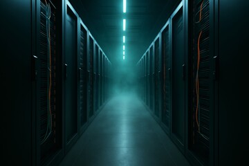 Long corridor of a dark high-tech data center with server racks, glowing overhead lights, and moody atmosphere, symbolizing cloud computing