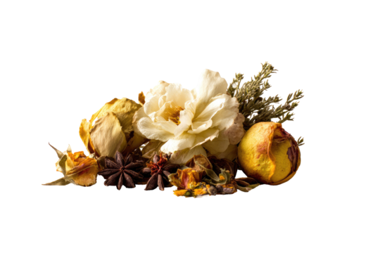 Dried flowers and herbs arranged in a still life