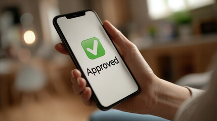 hand holding smartphone with text "Approved" and green check mark on screen, loan approval, online bank, remote opening of loan or deposit, application approval