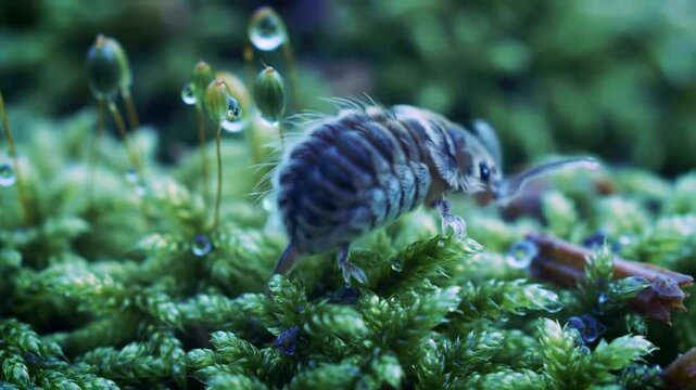 Macro Video of Springtail Insect on Green Moss with Water Droplets
